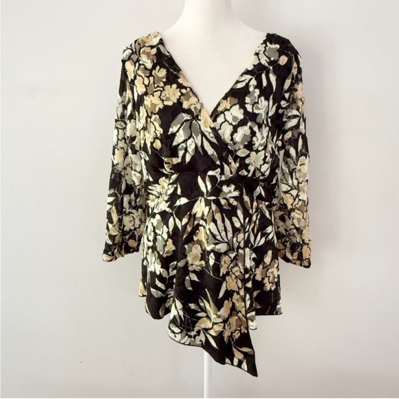 Vintage Tops - Vintage Women Y2K Dark Floral Lace Asymmetrical Babydoll Top Large Office Casual